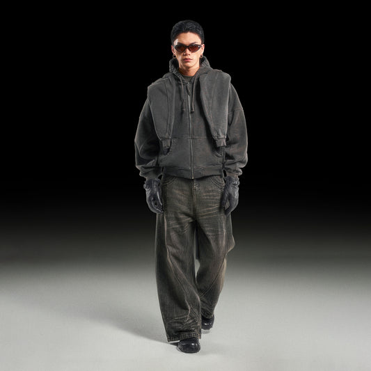 SPLICED WASHED HOODIE (SMOKE BROWN)