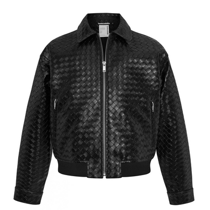 FAUX WOVEN LEATHER BOMBER (BLACK)