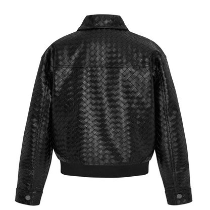 FAUX WOVEN LEATHER BOMBER (BLACK)