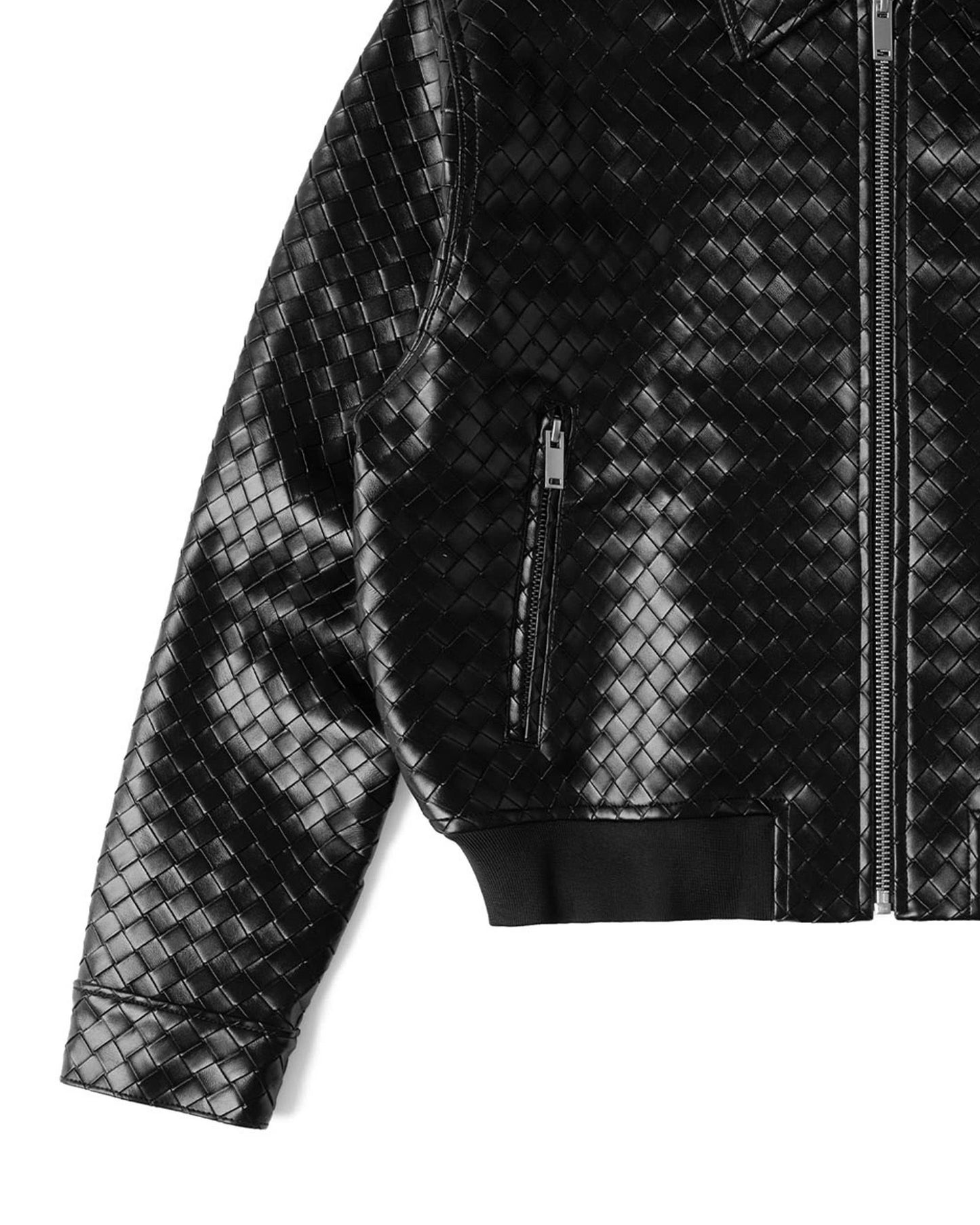 FAUX WOVEN LEATHER BOMBER (BLACK)