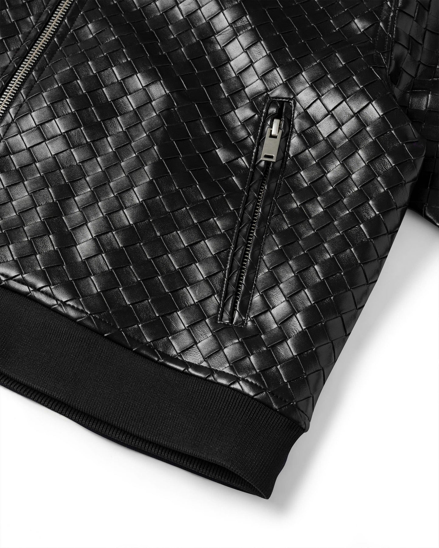 FAUX WOVEN LEATHER BOMBER (BLACK)