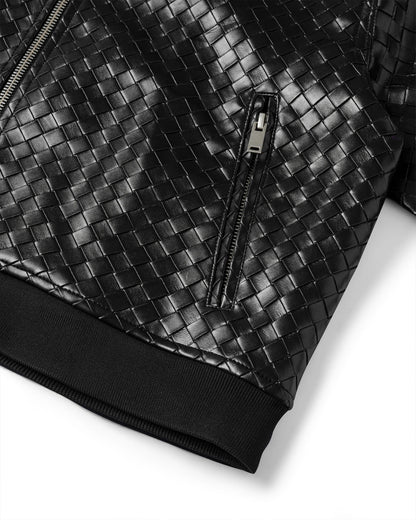 FAUX WOVEN LEATHER BOMBER (BLACK)