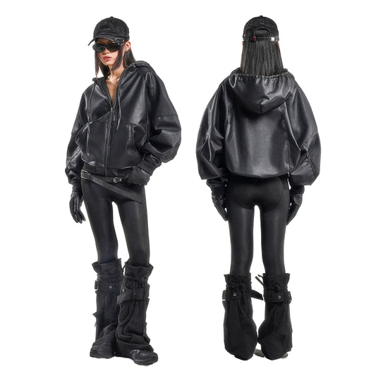 SPLICED FAUX LEATHER OVERSIZED HOODIE