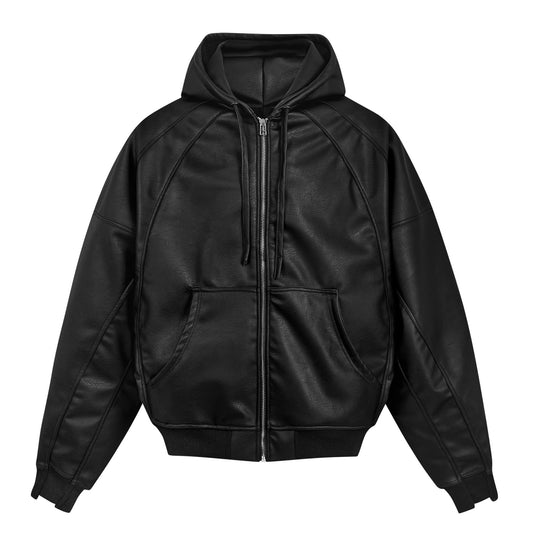SPLICED FAUX LEATHER OVERSIZED HOODIE